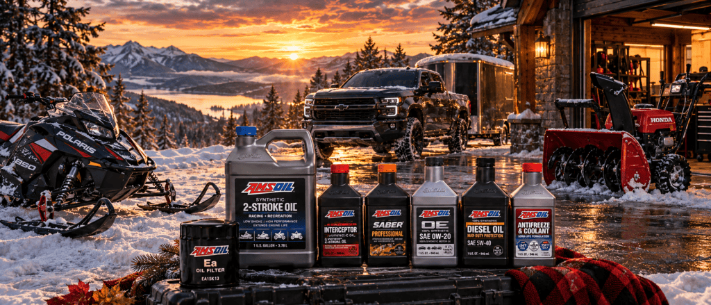 AMSOIL products with a snowmobile, pickup truck and snowblower in a snowy mountain scene at sunset